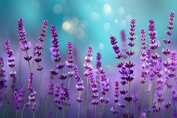 Obraz premium A delicate lavender field with a pastel blue background