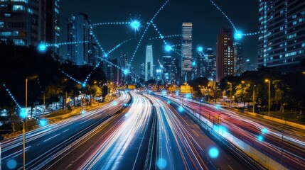 Fototapeta premium Connected urban landscape showcasing technological integration in city infrastructure