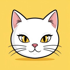Fototapeta premium Cartoon illustration of a white cat with pink ears and yellow eyes on a bright yellow background