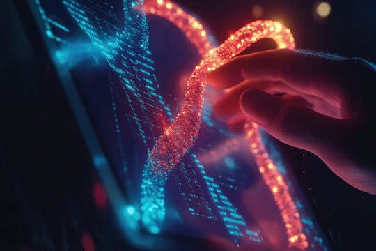 A hand interacts with a glowing digital DNA strand on a screen, visualizing genetic data.