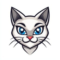 Obraz premium Illustration of a stylized cartoon cat face with bright blue eyes and white fur