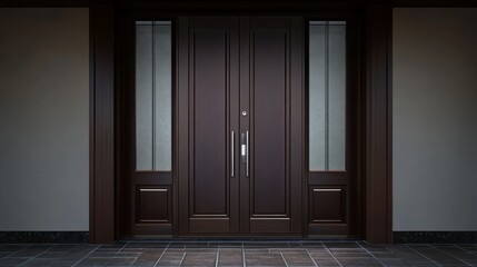 Dark brown double door entrance, modern home, night