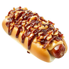 Delicious hot dog topped with bacon and sauce.