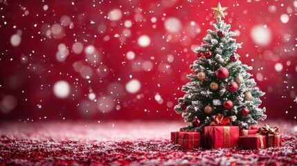 Obraz premium Enchanting christmas tree with bokeh lights and falling snow in festive red