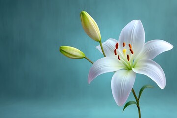 Fototapeta premium A delicate white lily on a pastel blue background