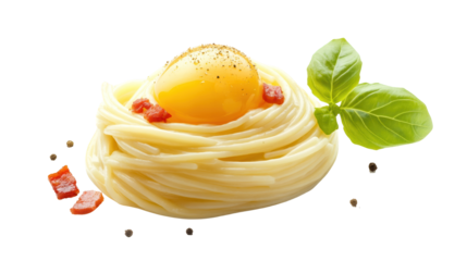 Delicious spaghetti with egg and basil leaf.
