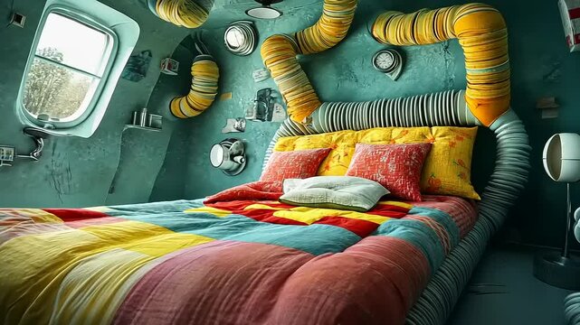 Unique and colorful bedroom design featuring a cozy, rounded bed with vibrant bedding and playful decor