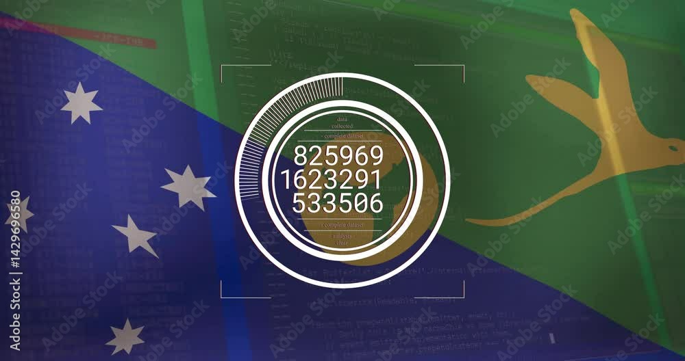 Poster concentric rings displaying segmented progress bars and numeric data over 3d flag code backdrop
