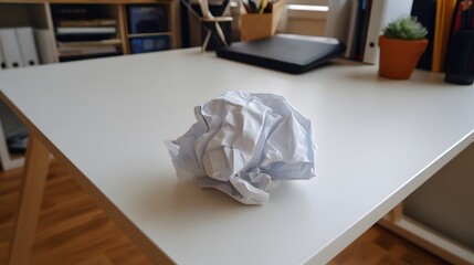 Crumpled White Paper Ball on a White Desk