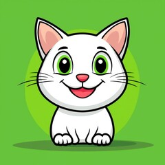 Fototapeta premium Cartoon illustration of a smiling white cat with green eyes and pink details