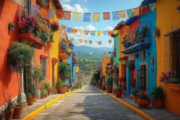 Fototapeta premium A lively street scene in a colorful town, perfect for Independence Day or Cinco de Mayo designs, showcasing vibrant buildings, festive banners, and lush greenery.