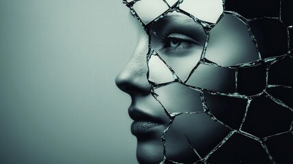 Conceptual visual of shattered mirror reflecting person s face, PTSD metaphor