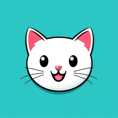 Cartoon illustration of a smiling white cat with black whiskers and pink ears