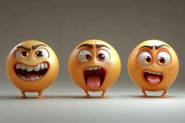 3D emoji pack showing different expressions from front, side, and tilted views, high resolution