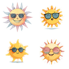 Cute cartoon sun characters wearing sunglasses with happy expressions. Perfect for summer themes, kids' illustrations, weather icons, and cheerful seasonal designs.

