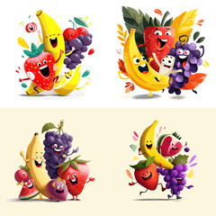 Fototapeta premium Funny cartoon fruits with happy faces including banana, strawberry, grapes, and apple. Perfect for healthy eating campaigns, kids' content, food posters, and playful illustrations.