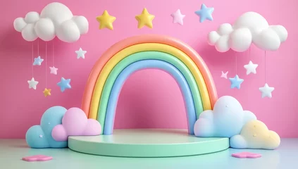 Pastel rainbow backdrop with clouds and stars.  A whimsical, child-friendly scene for product display or photography