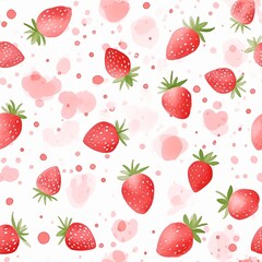 Strawberry seamless pattern with watercolor splashes on white background. Sweet summer fruit design for fabric, wallpaper, and packaging. Fresh and juicy berry print