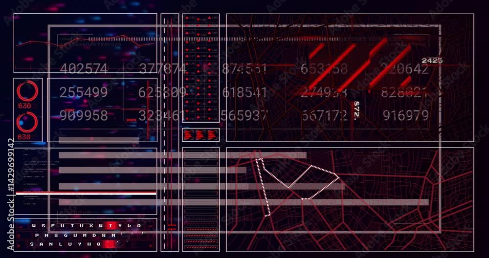 Poster futuristic ui displaying scrolling code blocks, pulsing gauges, moving ticker bars, navigating map