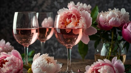 trending stock photo of close up glasses of rose wine and peony flowers for still life design use