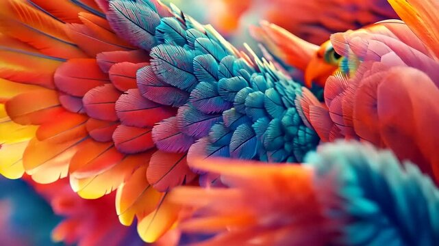 Vibrant close-up of colorful parrot feathers showcasing intricate patterns and textures
