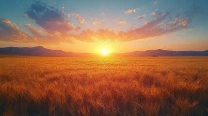 A vast field of wheat swaying gently in the breeze under a golden summer sun