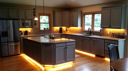 Well-lit kitchen island with under-cabinet lighting.