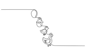 Continuous one line drawing of Chicken life cycle. Single line drawing illustration of Chicken Growth from egg. Chicken concept vector art. Doodle line illustration.