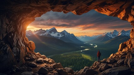 Adventurous Man Hiker standing in a cave with rocky mountains in background 