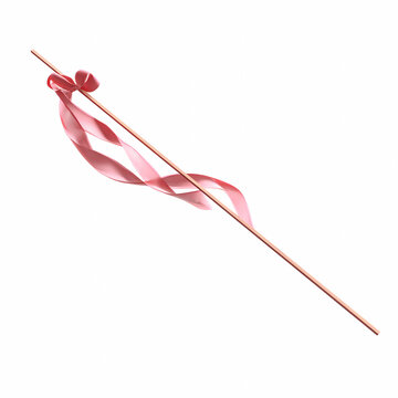 A long copper arrow with a pink ribbon on the end, flying against a white background, 3D rendering