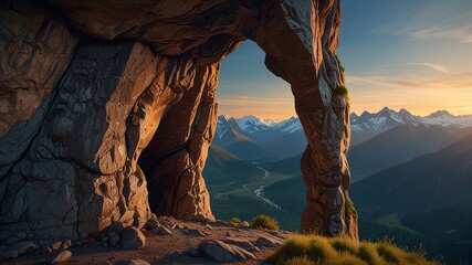 Adventurous Man Hiker standing in a cave with rocky mountains in background 