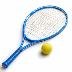 A blue tennis racket and a yellow tennis ball on a white background, top view, photorealistic
