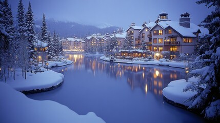 Naklejka premium Snow-covered village reflects in tranquil mountain lake at twilight