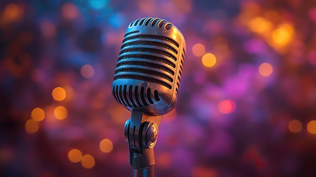 A vintage microphone is center stage in colorful spotlights, creating anticipation for music or open mic night.