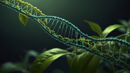 concept of green biotechnology or synthetic biology, graphic of plant with DNA