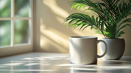 A white blank coffee mug stands by a tropical plant on a minimal white table with window light shadows, perfect for showcasing your design.