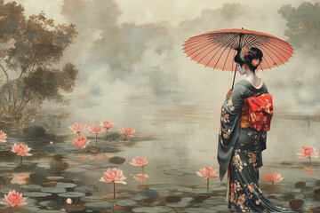 Geisha in kimono holding umbrella