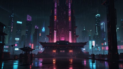  Cyberpunk temple, japanese abstract illustration, futuristic city, dystoptic artwork at night, 4k wallpaper. Rain moody empty future