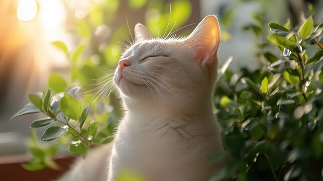 A white cat with closed eyes and a pink nose basks in fresh air in a bright setting, embodying tranquility, serenity, calm, and contentment.