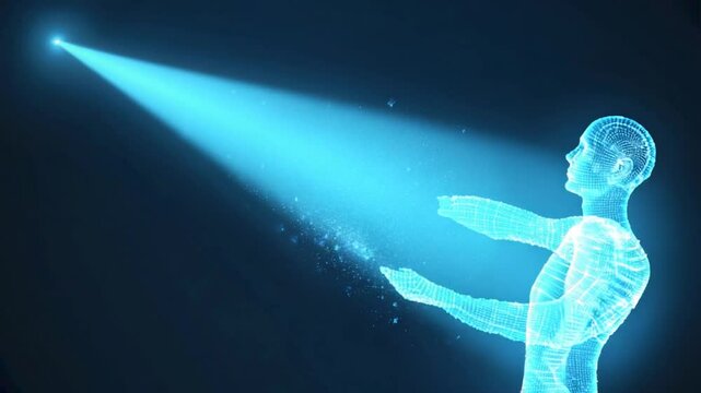 Digital human figure illuminated by light beam.
