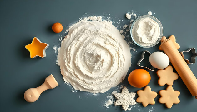 Baking Ingredients Arranged On A Gray Surface With Flour And Cookie Cutters