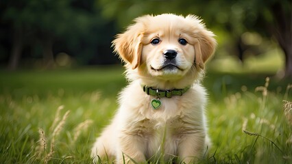 Adorable Yellow Labrador Puppy Sitting on Green Grass