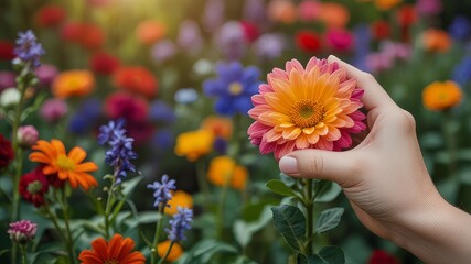  Summer hand holds flower in vibrant floral landscap