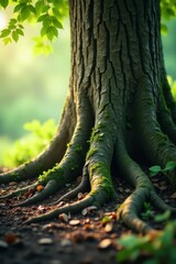 Fototapeta premium A close-up of a tree trunk with roots stretching into the ground and leaves rustling in wind, leafy greens, wood texture