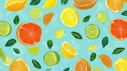 Vibrant citrus fruit slices and mint leaves pattern.