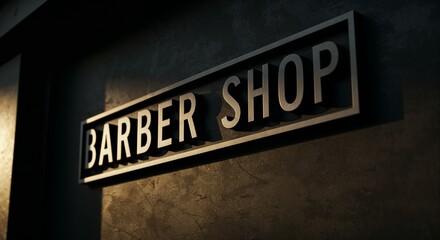 Modern barbershop signboard on dark wall with dramatic lighting. Perfect for use in advertising materials for grooming services, social media visuals for barbershops.