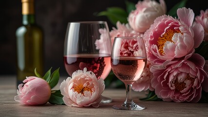 trending stock photo of close up glasses of rose wine and peony flowers for still life design use 