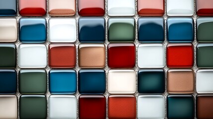 Grid of colorful glossy tiles arranged in rows and columns, creating a vibrant pattern