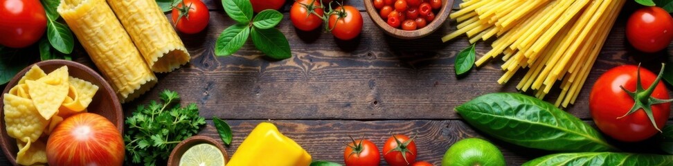 Pasta arrangement on a wooden table, with various Italian ingredients and herbs , garlic, ingredients, kitchen