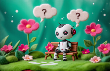 Fototapeta premium A curious robot sits on a bench surrounded by flowers and greenery. It seems to be pondering something, indicated by question marks above. The scene is colorful and whimsical. Hints: Robot, Question, 